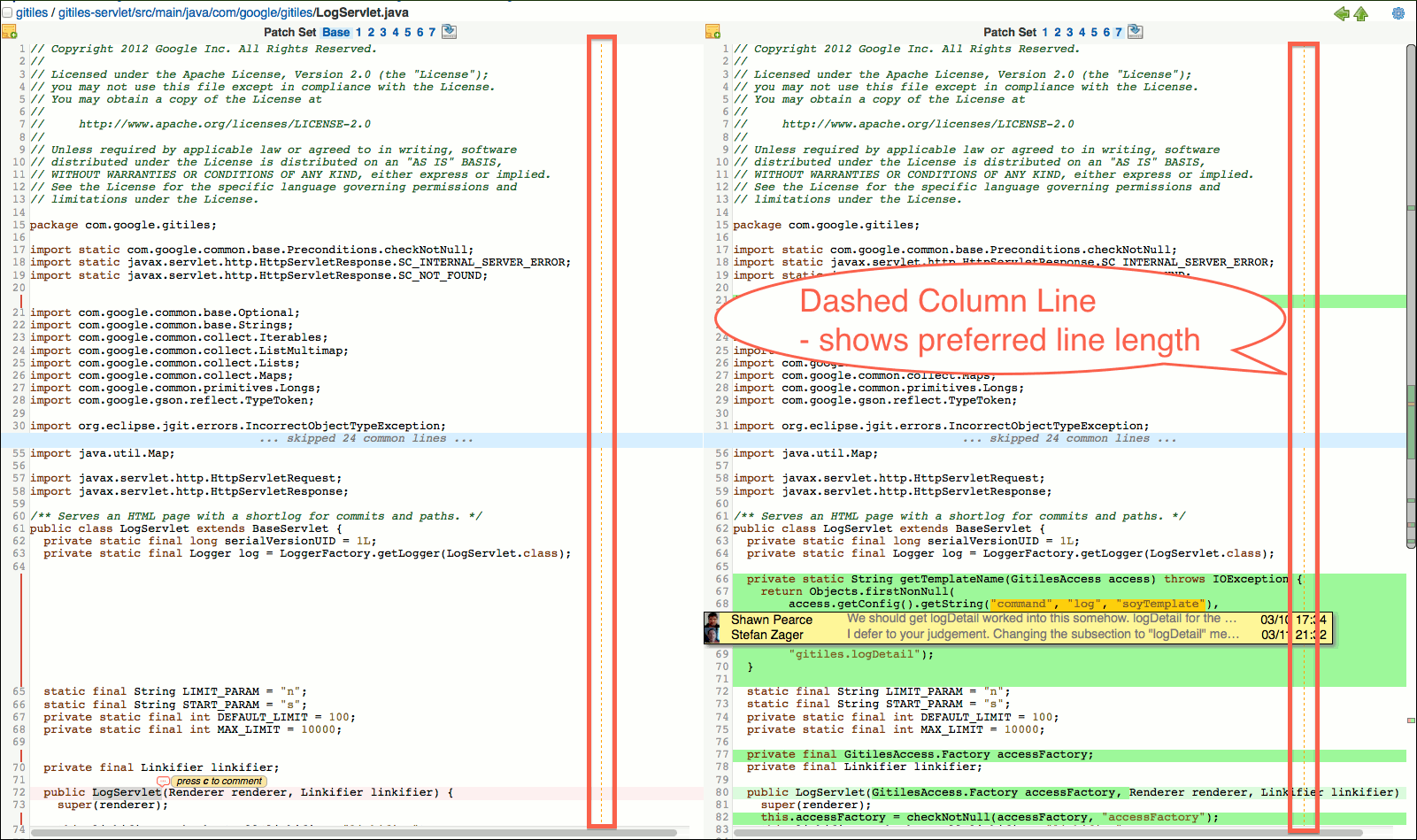 user review ui side by side diff screen column