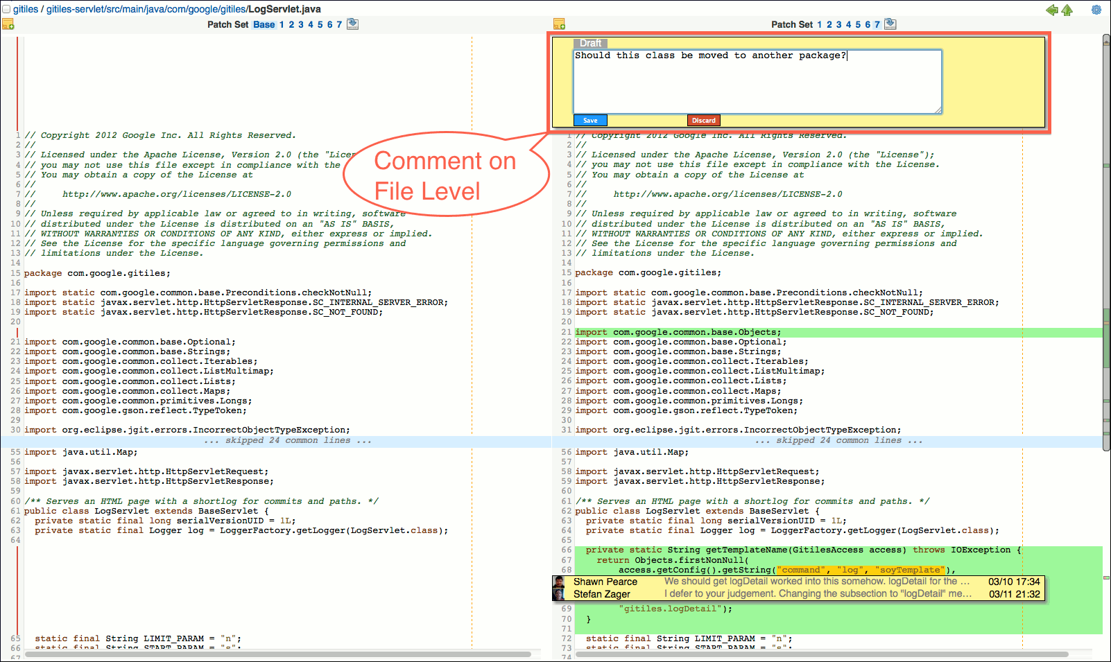 user review ui side by side diff screen file level commented