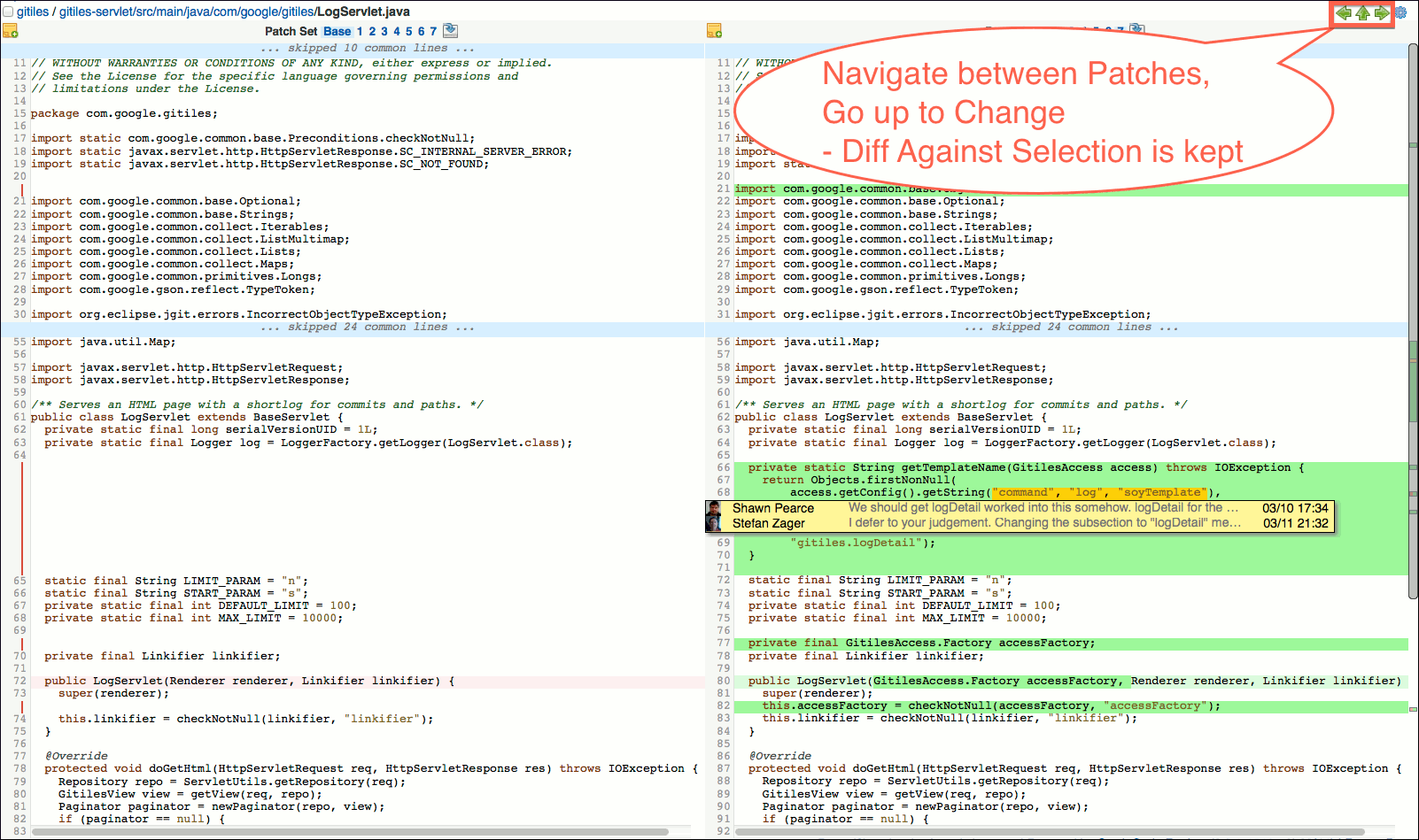 user review ui side by side diff screen navigation