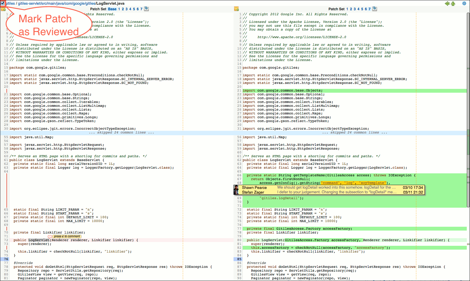 user review ui side by side diff screen reviewed